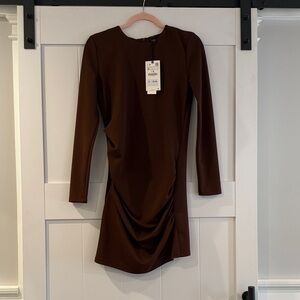 Zara Brown Long-Sleeve Mini Dress with Side Draping